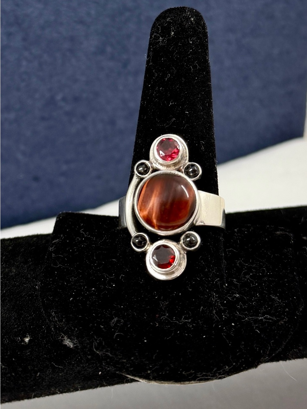 Sterling Silver Red Tiger's Eye and Garnet Accent Ring